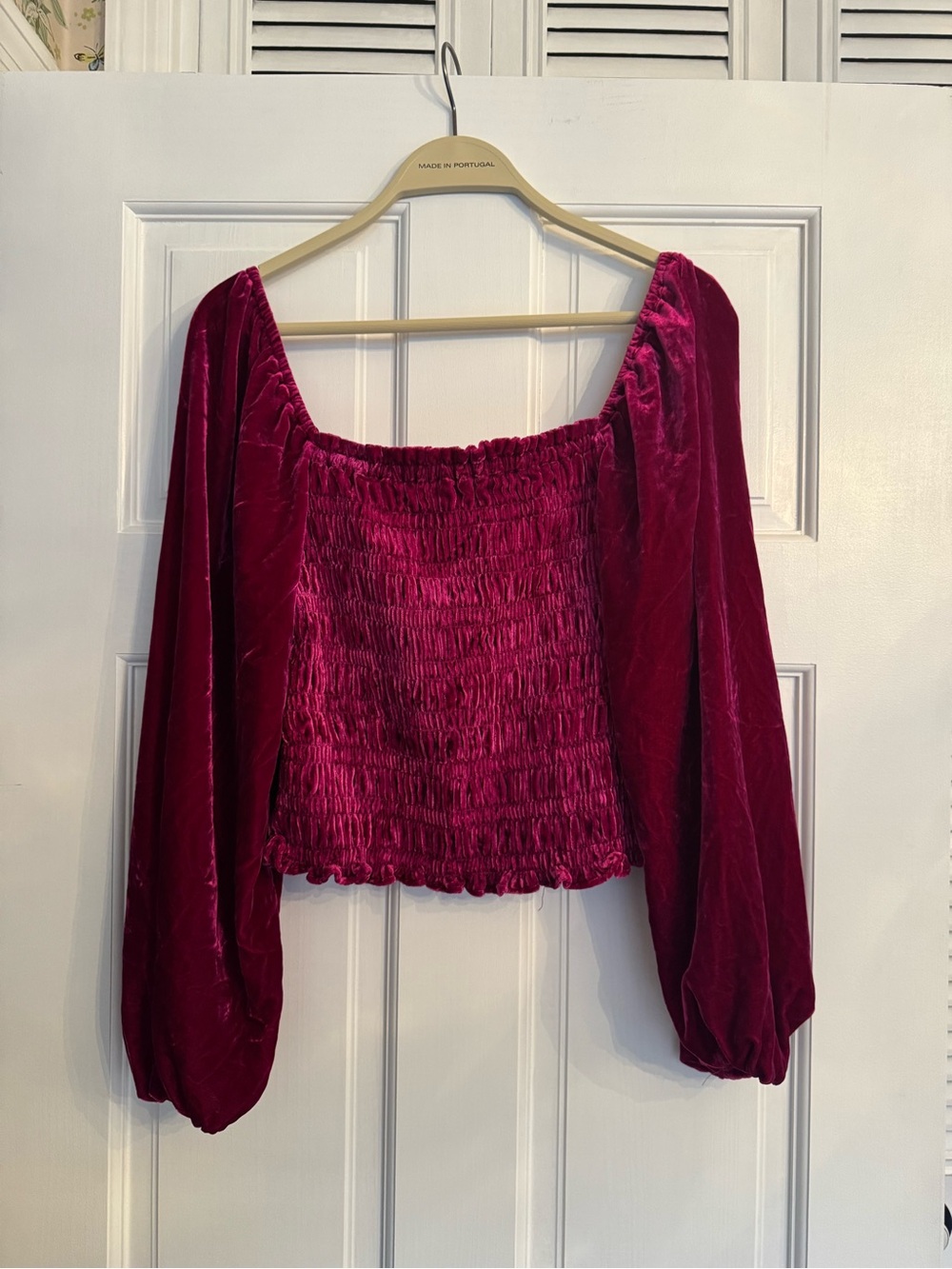 Anthropologie Velvet Puff Sleeved Smocked Peasant top S
